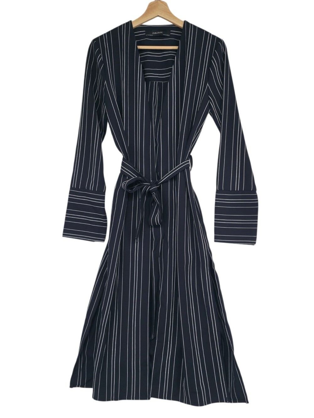 Zara Navy Stripe Duster Cardigan Side Slit Tie Waist Minimalist Coastal Small - Picture 4 of 15